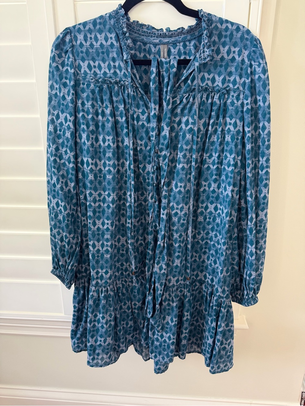 Anthropologie Teal Blue Patterned Long-Sleeve Tunic Dress